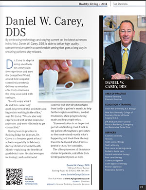 The image shows a newspaper article with a headline that reads  Daniel W. Carey DDS  followed by a subheading  Dentist . The article discusses the challenges of dental care during the COVID-19 pandemic, including the use of telehealth and the importance of maintaining oral hygiene.