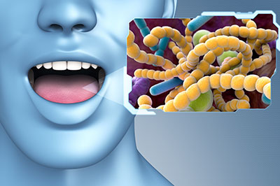 The image features a 3D rendering of a human head with an open mouth against a background that includes a microscopic view of bacteria, suggesting a theme related to oral health or germs.