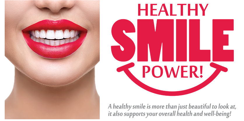 The image shows a graphic design with a woman s face prominently displayed in the center. She has red lipstick, and her teeth are visible. In the background, there s a white banner with text that reads  HEALTHY SMILE POWER.  The overall style of the image appears to be promotional or informational, likely related to dental health or cosmetic services.